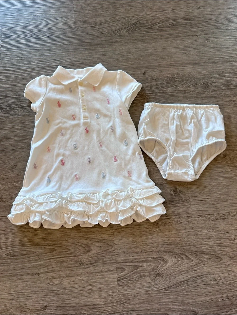 Ralph Lauren White Polo Dress with Ruffle Hem and Pastel Logos - EUC - 18 Months